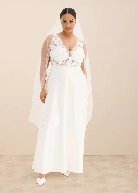 Abito da sposa in satin lucido con applicazione floreale, bonprix