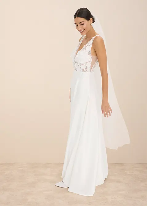 Abito da sposa in satin lucido con applicazione floreale, bonprix