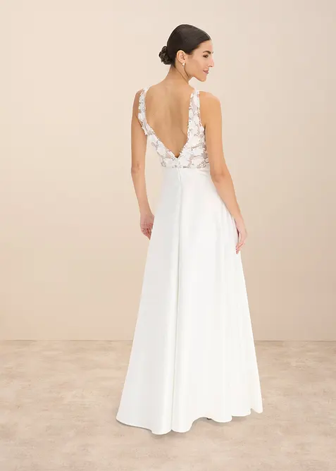 Abito da sposa in satin lucido con applicazione floreale, bonprix