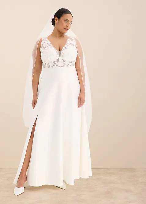 Abito da sposa in satin lucido con applicazione floreale, bonprix