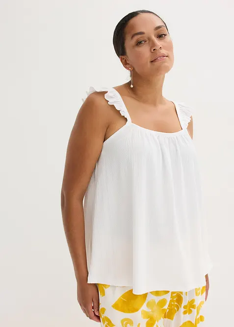 Top in jersey crêpe con volant alle spalline, bonprix