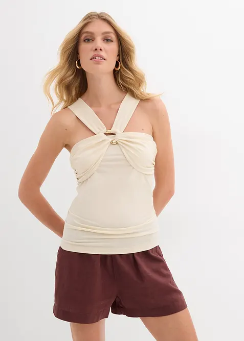 Top con scollo all'americana e fibbia decorativa martellata, bonprix