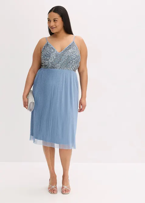Abito midi con gonna plissettata e ricamo con paillettes, bonprix