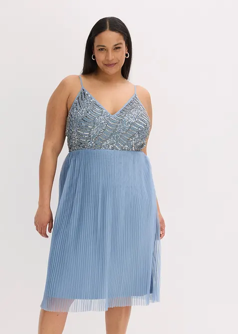 Abito midi con gonna plissettata e ricamo con paillettes, bonprix