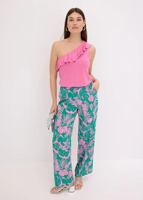 Top monospalla con volant in misto viscosa morbido, bonprix