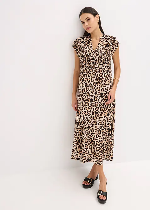 Abito midi con volant in cr&ecirc;pe operato, bonprix