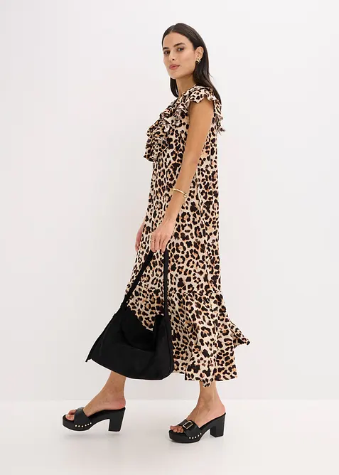 Abito midi con volant in cr&ecirc;pe operato, bonprix