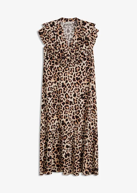 Abito midi con volant in cr&ecirc;pe operato, bonprix