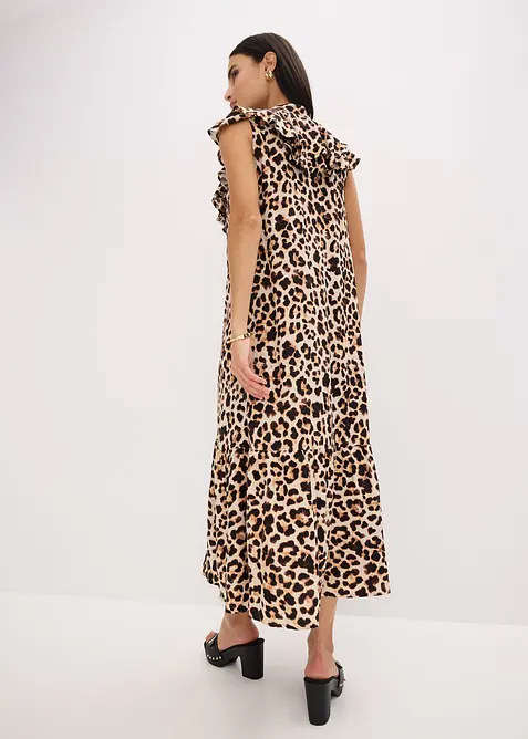 Abito midi con volant in cr&ecirc;pe operato, bonprix