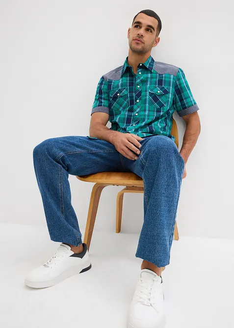 Camicia a maniche corte con inserto in denim, bonprix