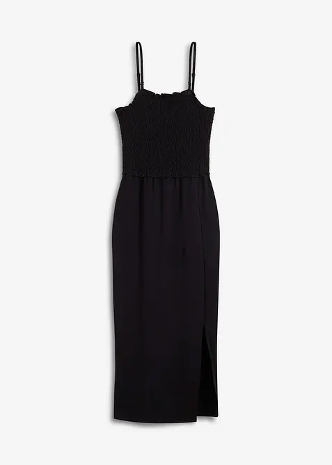 Abito midi in jersey robusto con inserto smock e spacco, bonprix