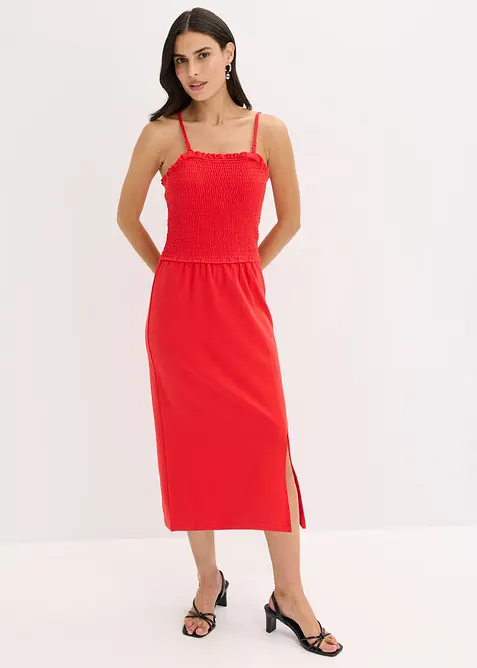 Abito midi in jersey robusto con inserto smock e spacco, bonprix