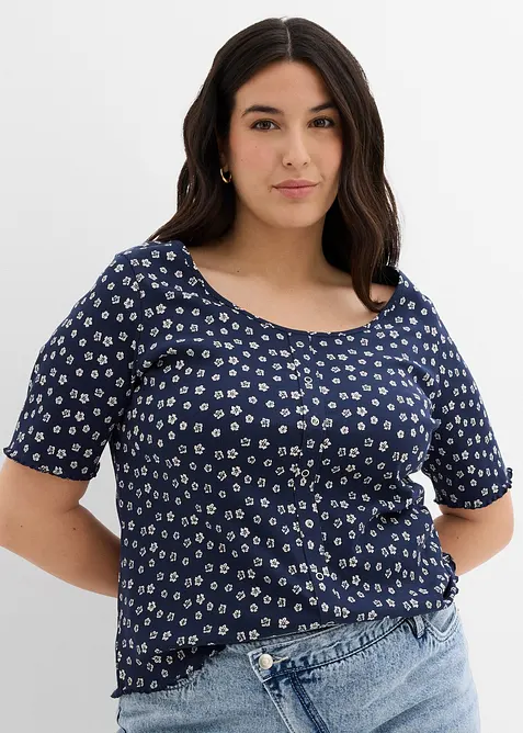 Maglia a costine a mezze maniche con stampa a fiori, bonprix