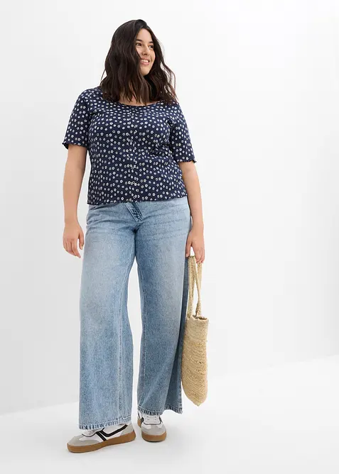 Maglia a costine a mezze maniche con stampa a fiori, bonprix