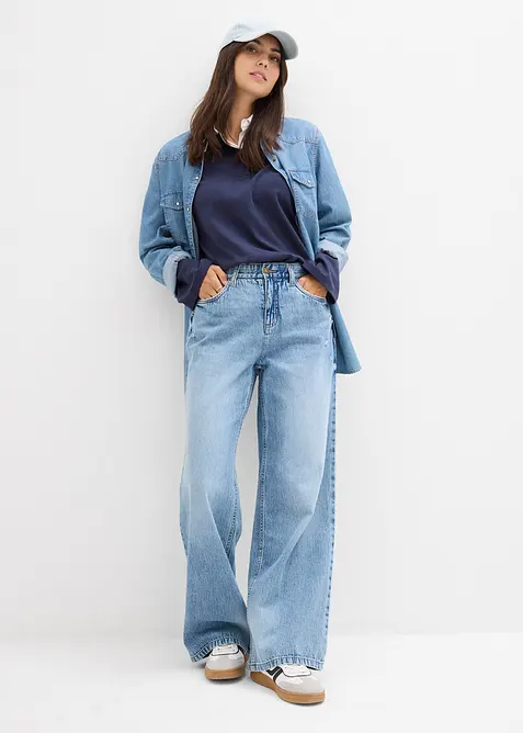 Jeans wide leg low stretch, vita media, bonprix