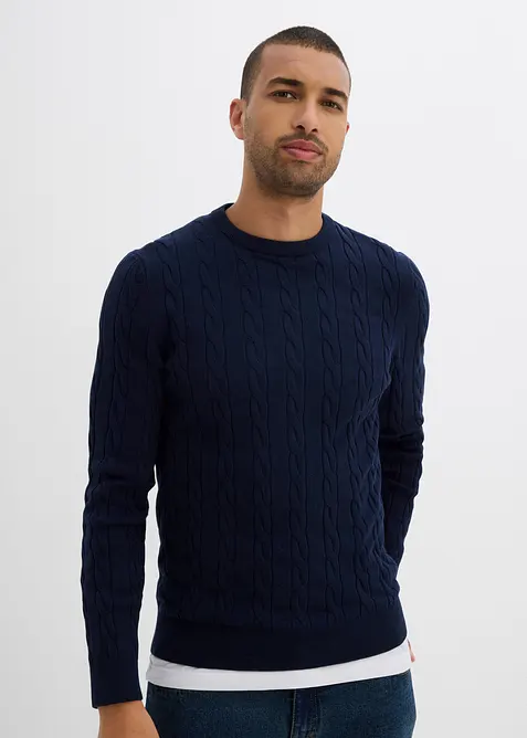 Maglione a trecce in filato fine di misto cotone morbido, slim fit, bonprix