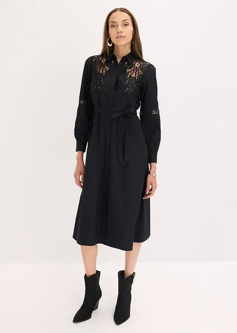 Abito midi di cotone con inserti di pizzo, bonprix