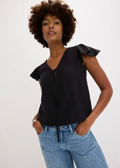 Blusa con effetto lucido e maniche a volant, bonprix