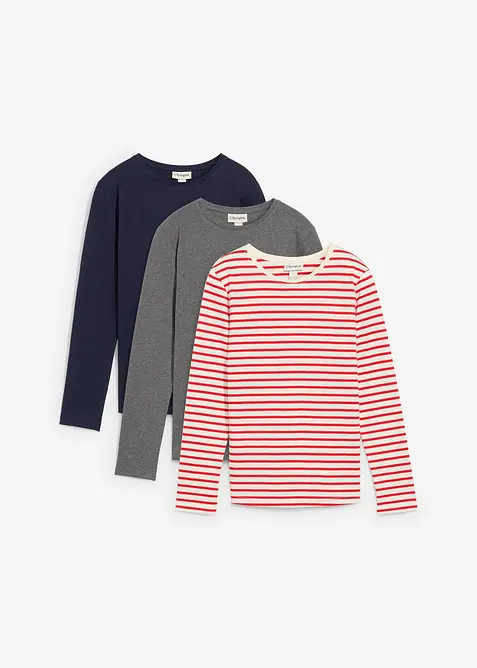 Maglia a maniche lunghe in puro cotone biologico (pacco da 3), bonprix