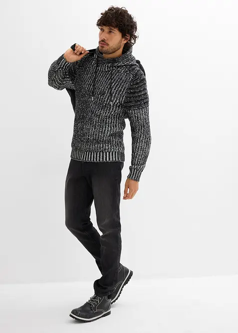 Maglione con cappuccio in filato grosso con dettagli biker, bonprix