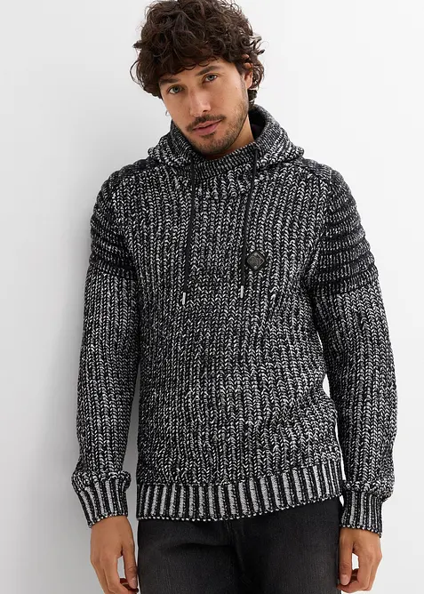 Maglione con cappuccio in filato grosso con dettagli biker, bonprix