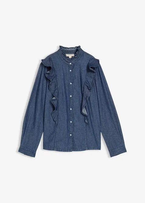 Camicia in denim in puro cotone con volants, bonprix