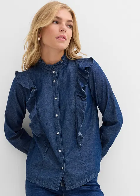 Camicia in denim in puro cotone con volants, bonprix