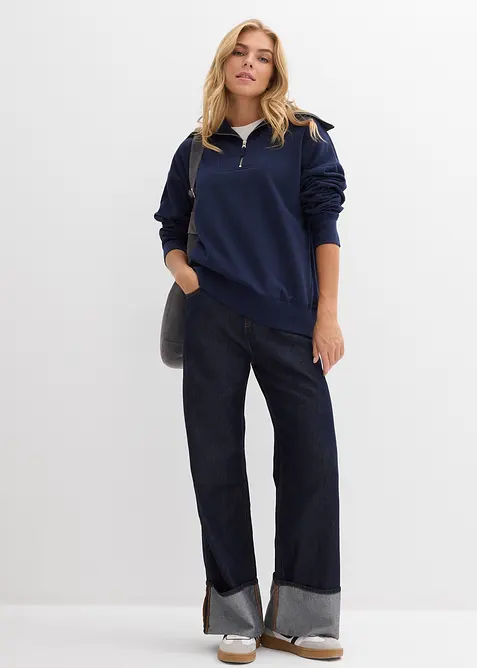 Felpa a collo ampio con zip in misto cotone morbido, bonprix