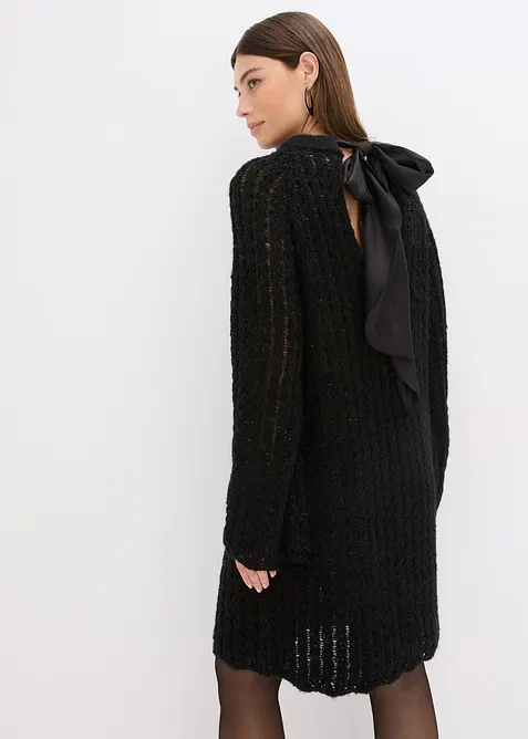 Miniabito in maglia leggermente trasparente con fiocco in satin, bonprix