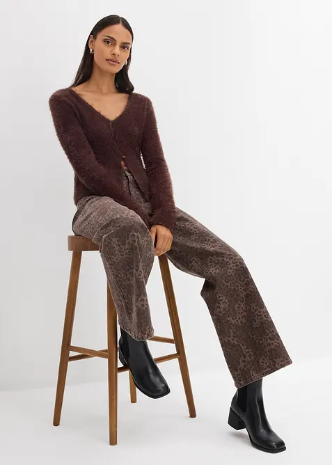 Pantaloni in twill leopardati wide leg, bonprix