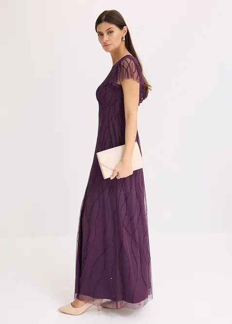 Abito lungo in tulle delicato con ricamo e perline, bonprix