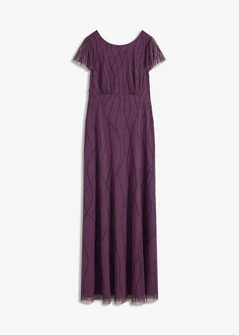 Abito lungo in tulle delicato con ricamo e perline, bonprix