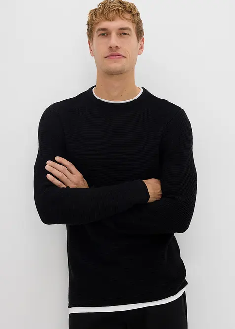 Maglione effetto 2 in 1 strutturato in misto cotone, bonprix