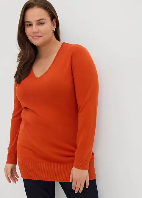 Maglione lungo in filato fine con scollo a V, bonprix