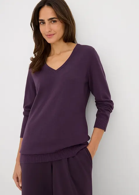 Maglione lungo basic in filato fine con scollo a V, bonprix