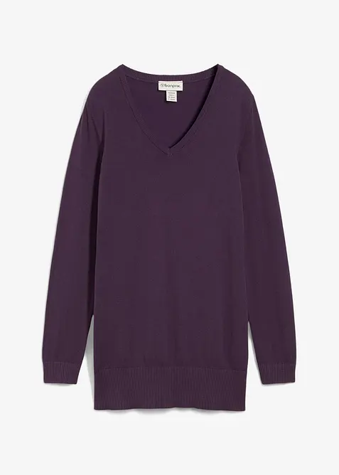 Maglione lungo basic in filato fine con scollo a V, bonprix