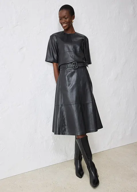 Gonna in nappa d'agnello con cintura (set 2 pezzi), bonprix