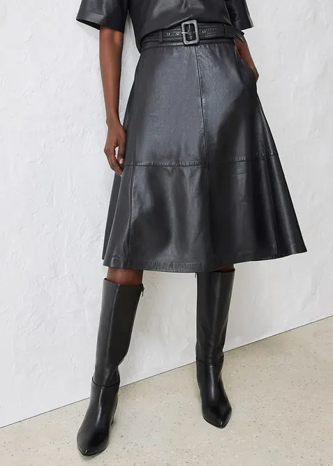 Gonna in nappa d'agnello con cintura (set 2 pezzi), bonprix