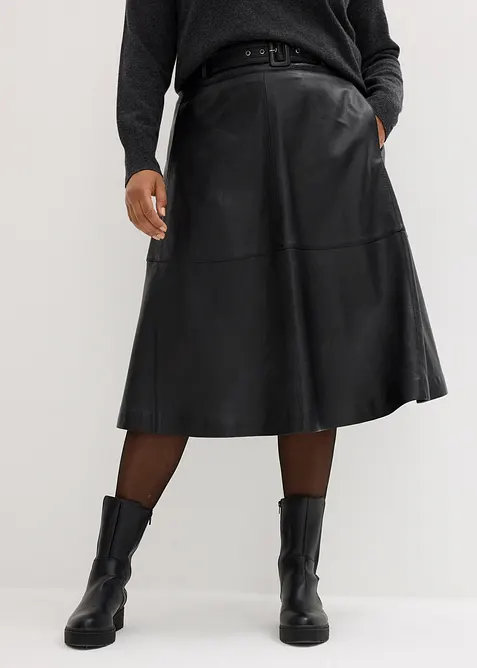 Gonna in nappa d'agnello con cintura (set 2 pezzi), bonprix