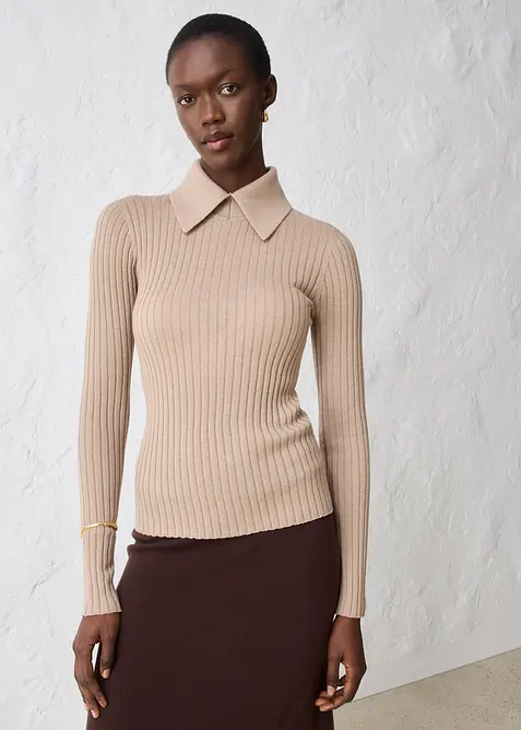 Maglione a coste in lana merino, bonprix