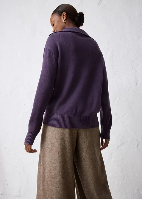 Maglione in lana merino a collo ampio con bottoni, bonprix