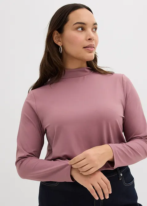Maglia a maniche lunghe con collo dritto e poliammide riciclata, bonprix