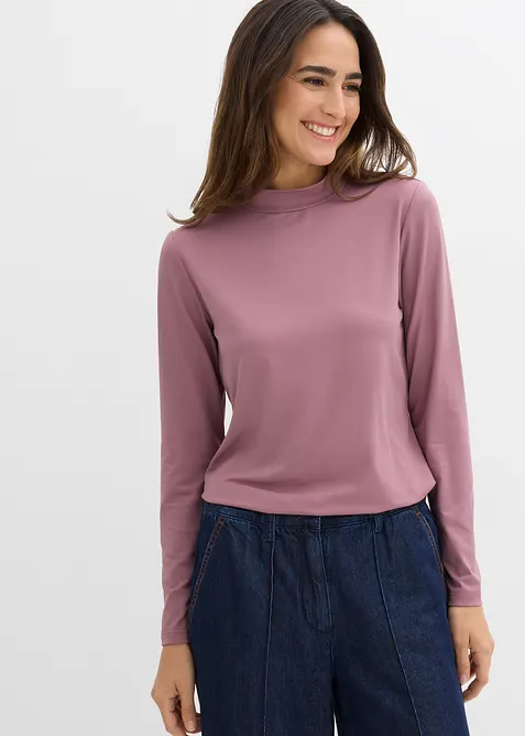 Maglia a maniche lunghe con collo dritto e poliammide riciclata, bonprix