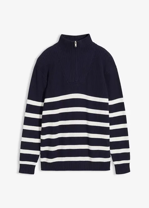 Maglione con mezza zip in filato fine di puro cotone, bonprix