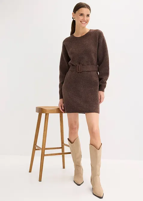 Miniabito in maglia con morbida lana e cintura, bonprix