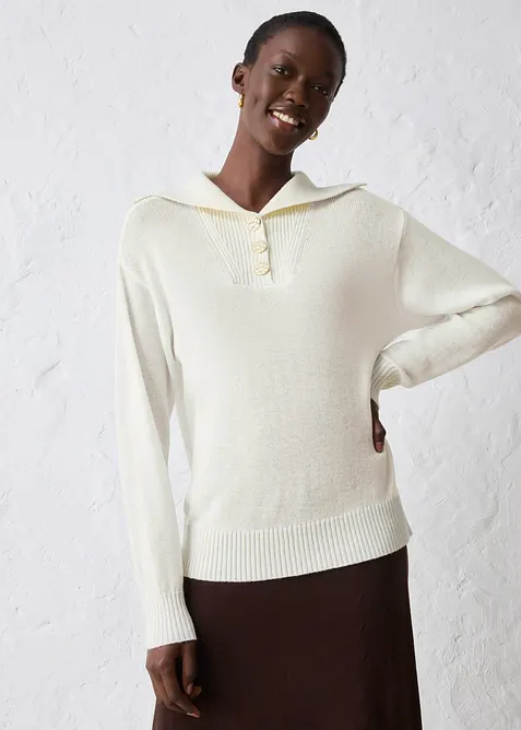 Maglione in lana merino a collo ampio con bottoni, bonprix