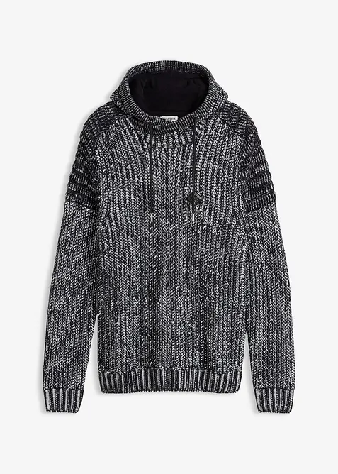 Maglione con cappuccio in filato grosso con dettagli biker, bonprix