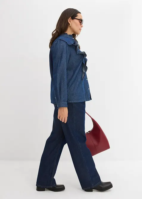 Camicia in denim in puro cotone con volants, bonprix
