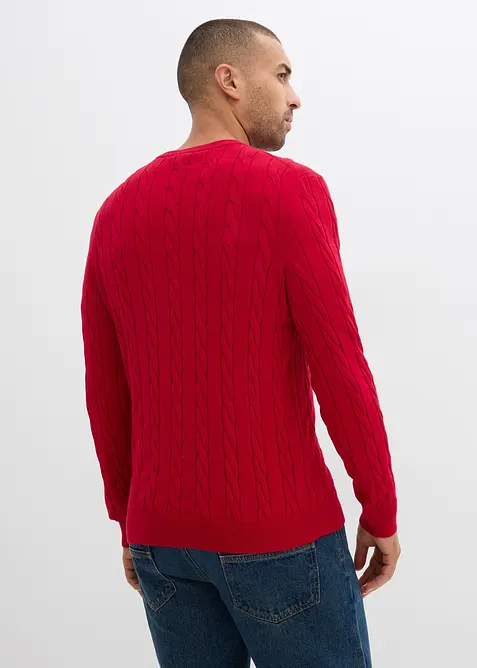 Maglione a trecce in filato fine di misto cotone morbido, slim fit, bonprix