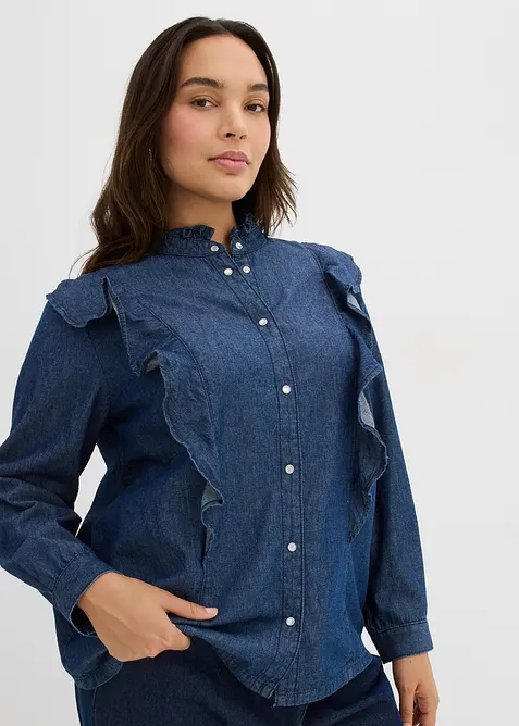 Camicia in denim in puro cotone con volants, bonprix